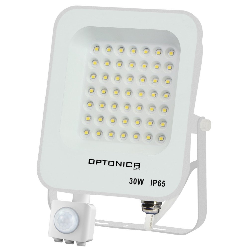 LED prožektorius, baltas, PIR jutiklis, 30W, šilta balta šviesa