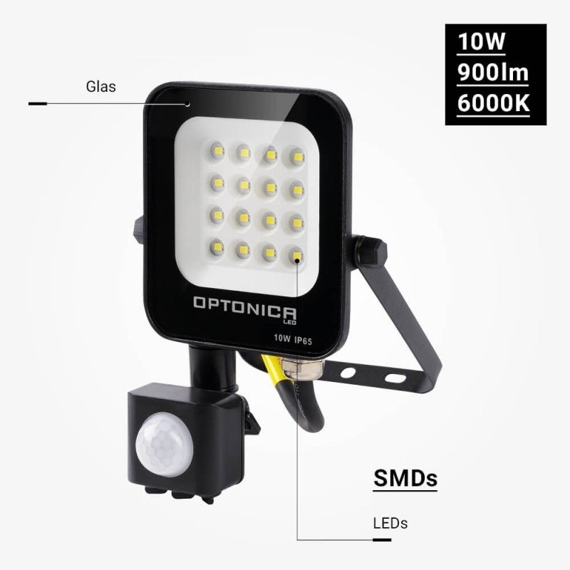 LED prožektorius, juodas, PIR jutiklis, 10W, šilta balta šviesa