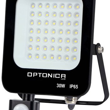 LED prožektorius, juodas, PIR jutiklis, 30W, šilta balta šviesa