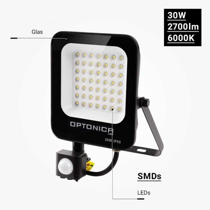 LED prožektorius, juodas, PIR jutiklis, 30W, šilta balta šviesa