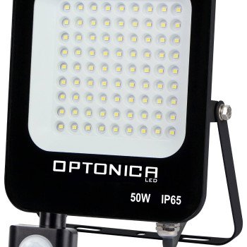 LED prožektorius, juodas, PIR jutiklis, 50W, šalta balta šviesa