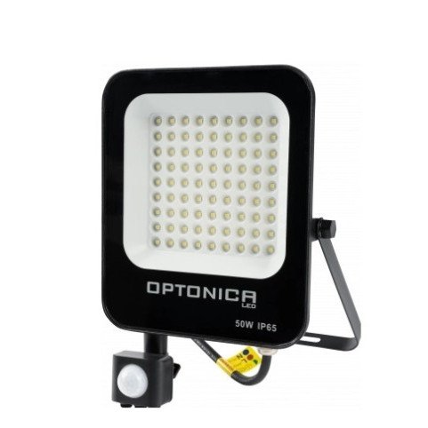 LED prožektorius, juodas, PIR jutiklis, 50W, šalta balta šviesa