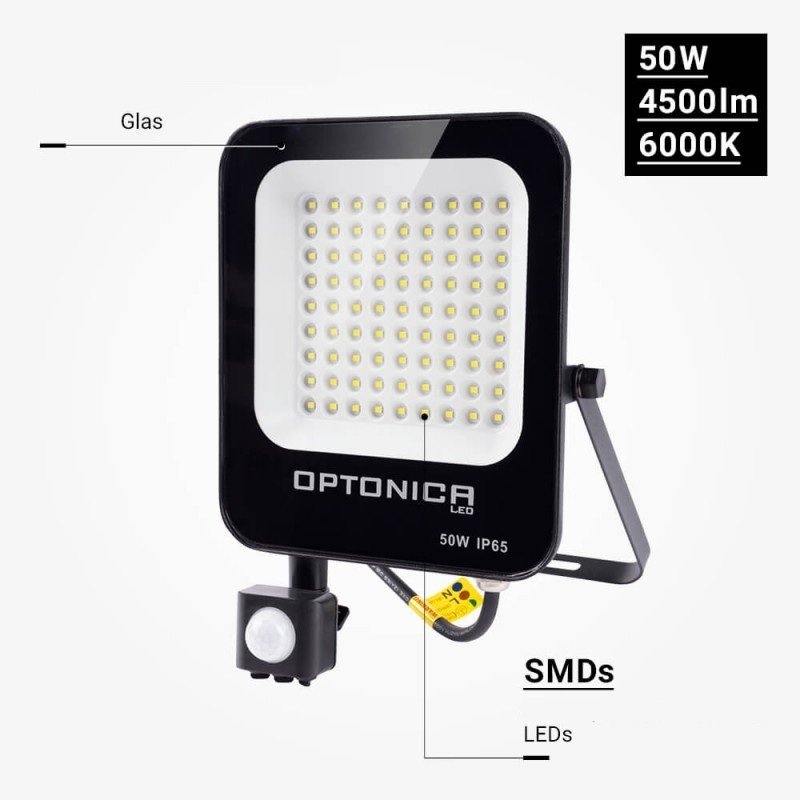 LED prožektorius, juodas, PIR jutiklis, 50W, šalta balta šviesa