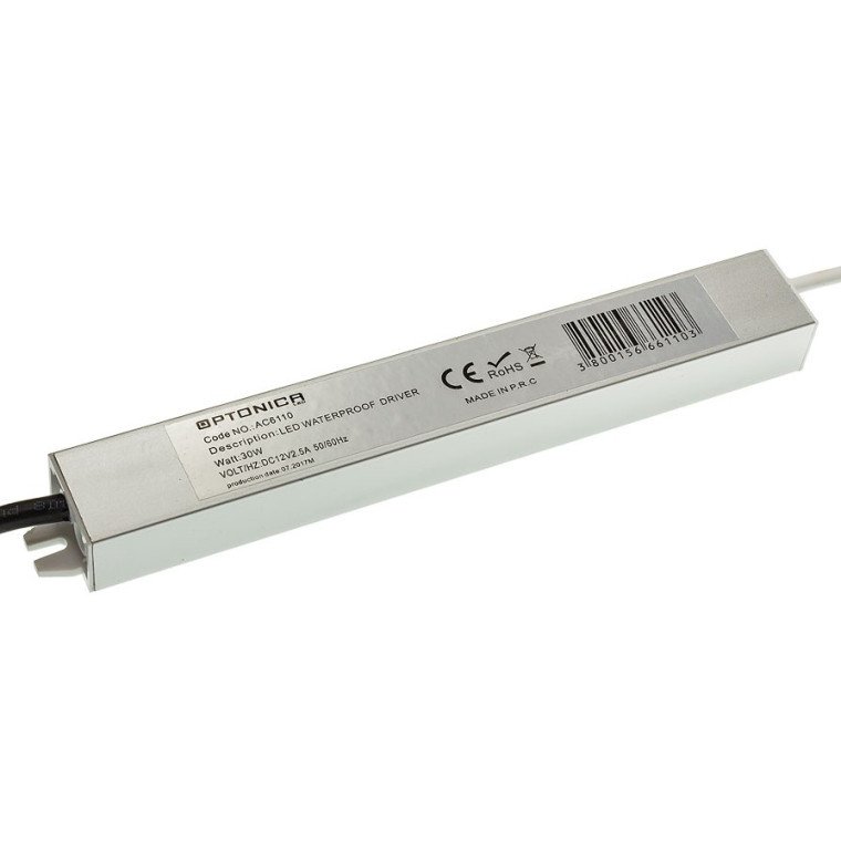 LED juostos maitinimo šaltinis, 12V, 30W, vandeniui atsparus LED juostos maitinimo šaltinis, 12V, 30W, vandeniui atsparus