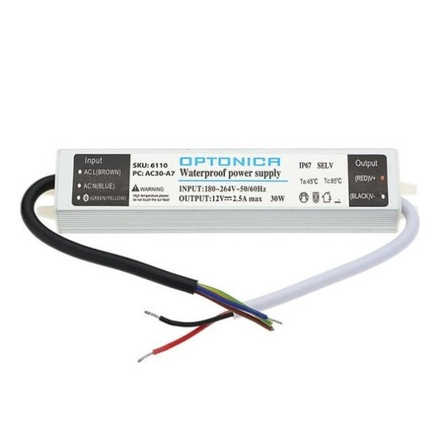 LED juostos maitinimo šaltinis, 12V, 30W, vandeniui atsparus LED juostos maitinimo šaltinis, 12V, 30W, vandeniui atsparus