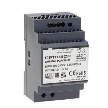 LED maitinimo šaltinis, 60W, 12V, 5A, plonas, DIN