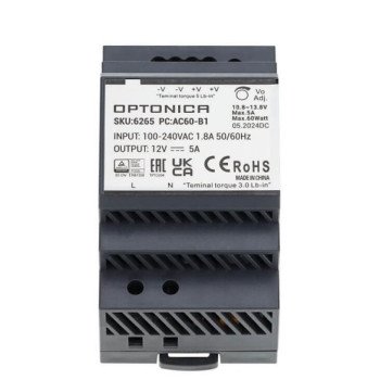 LED maitinimo šaltinis, 60W, 12V, 5A, plonas, DIN