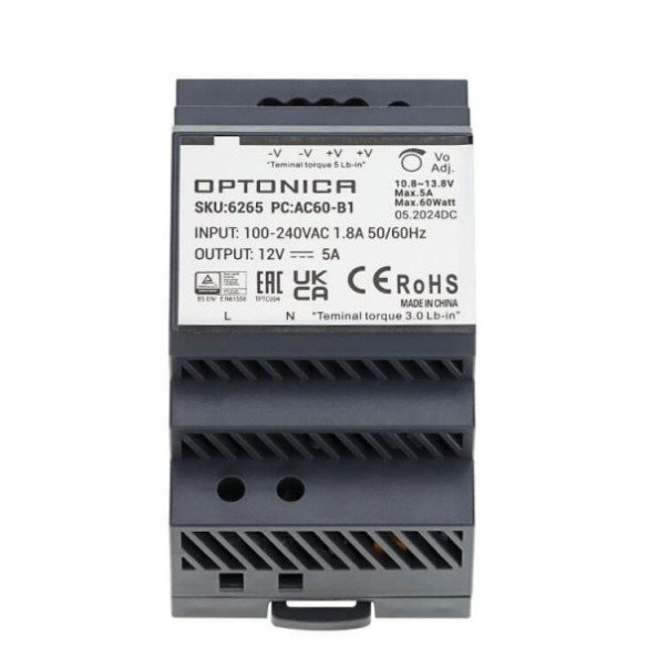 LED maitinimo šaltinis, 60W, 12V, 5A, plonas, DIN LED maitinimo šaltinis, 60W, 12V, 5A, plonas, DIN