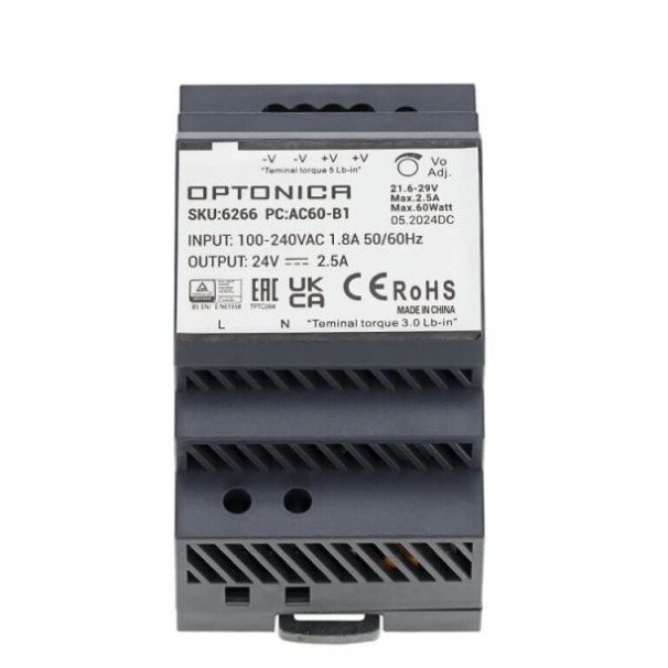 LED maitinimo šaltinis, 60W, 24V, 2.5A, plonas, DIN