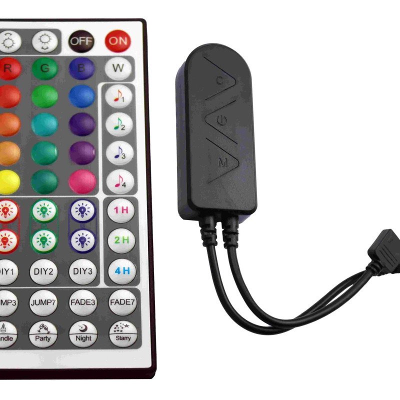 LED RGB Music maitinimo valdiklis, 12-24V, 3 kanalai, su IR pulteliu, 44 mygtukų, Tuya