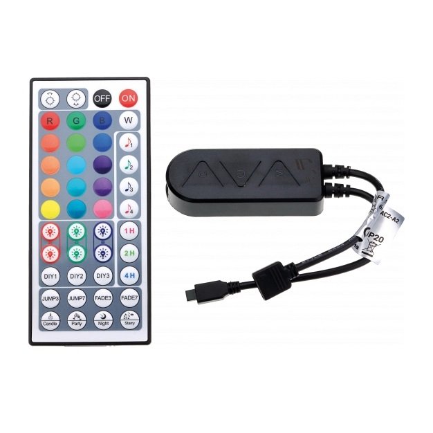 LED RGB Music maitinimo valdiklis, 12-24V, 3 kanalai, su IR pulteliu, 44 mygtukų, Tuya