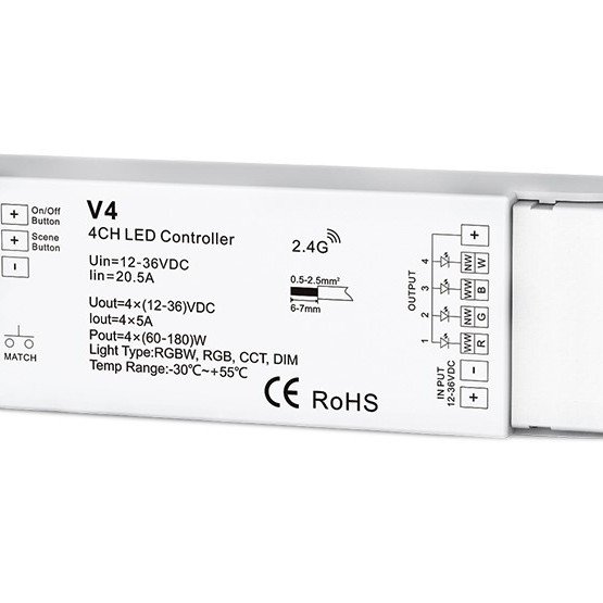 LED pastovios įtampos maitinimo valdiklis, 12-36V, 5A/kan., 4 kanalai, nuotolinis valdymas