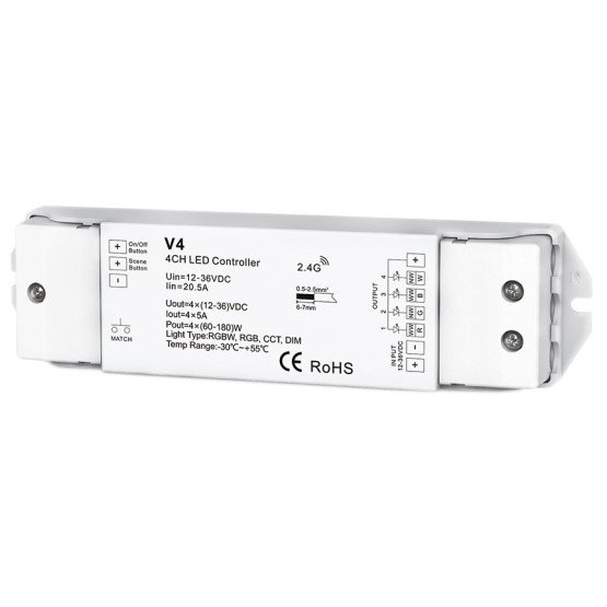 LED pastovios įtampos maitinimo valdiklis, 12-36V, 5A/kan., 4 kanalai, nuotolinis valdymas LED pastovios įtampos maitinimo valdiklis, 12-36V, 5A/kan., 4 kanalai, nuotolinis valdymas