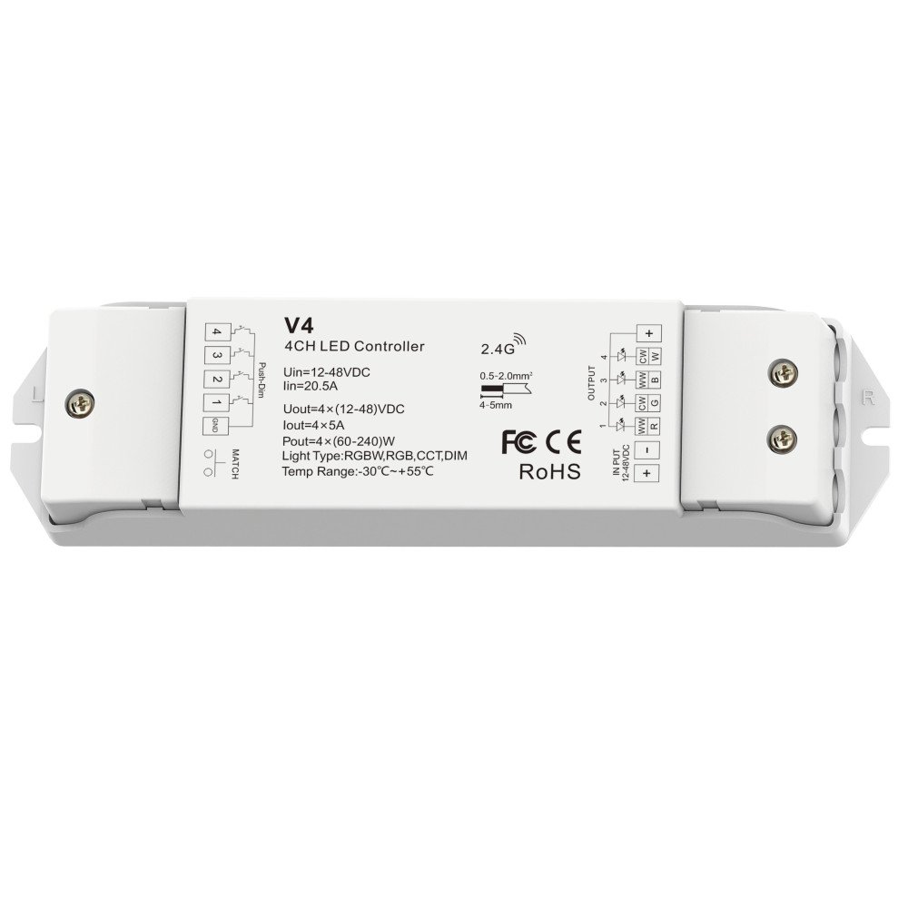 LED pastovios įtampos maitinimo valdiklis, 12-36V, 5A/kan., 4 kanalai, nuotolinis valdymas LED pastovios įtampos maitinimo valdiklis, 12-36V, 5A/kan., 4 kanalai, nuotolinis valdymas