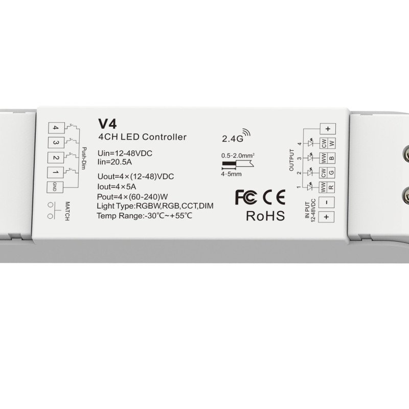 LED pastovios įtampos maitinimo valdiklis, 12-36V, 5A/kan., 4 kanalai, nuotolinis valdymas