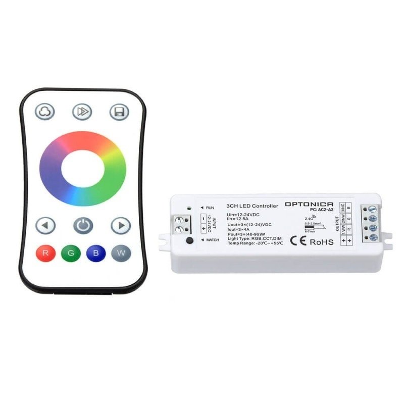 LED RGB maitinimo valdiklis, 12-24V, 4A/kan., 3 kanalai, su IR pulteliu LED RGB maitinimo valdiklis, 12-24V, 4A/kan., 3 kanalai, su IR pulteliu
