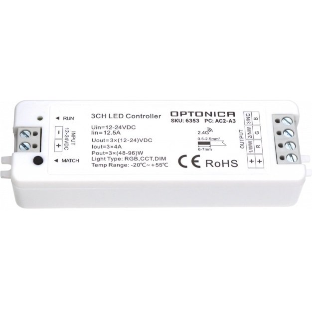 LED RGB pastovios įtampos maitinimo valdiklis, 12-24V, 4A/kan., 3 kanalai