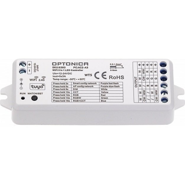 LED pastovios įtampos maitinimo valdiklis, 5in1 12-24V, 3A/kan., 5 kanalai, nuotolinis valdymas, Tuya, 3 metai garantija