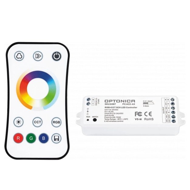 LED RGB CCT maitinimo valdiklis, 12-24V, 3A/kan., 5 kanalai, su IR pulteliu, 3 metai garantija