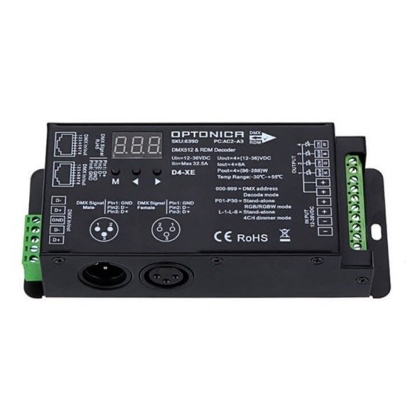 LED DMX pastovios įtampos maitinimo valdiklis, 12-36V, 8A/kan., 4 kanalai