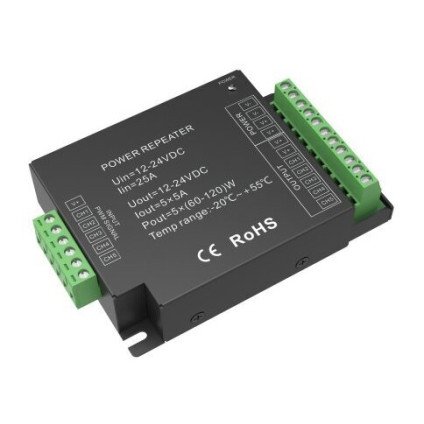 LED pastovios įtampos maitinimo kartotuvas, 12-24V, 5A/kan., 5 kanalai