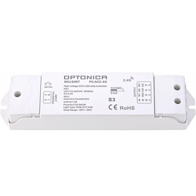 LED RGB CCT juostos maitinimo valdiklis, DC110-240V, 1A/kan., 3 kanalai LED RGB CCT juostos maitinimo valdiklis, DC110-240V, 1A/kan., 3 kanalai