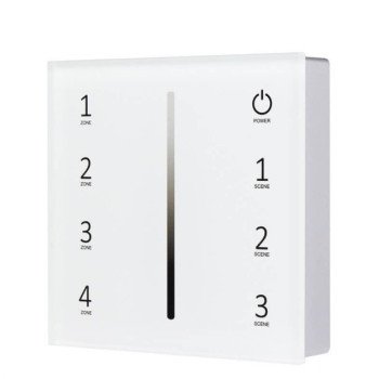 LED šviesos ryškumo reguliavimo panelė/valdiklis, 4 zonos, 3 scenos, sieninė, sensorinė, balta