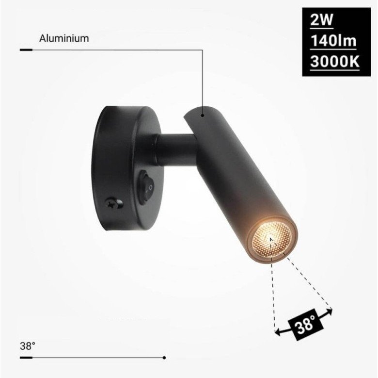 LED sieninis šviestuvas, 2W, ON/OFF jungiklis, juodas, neutrali balta šviesa LED sieninis šviestuvas, 2W, ON/OFF jungiklis, juodas, neutrali balta šviesa