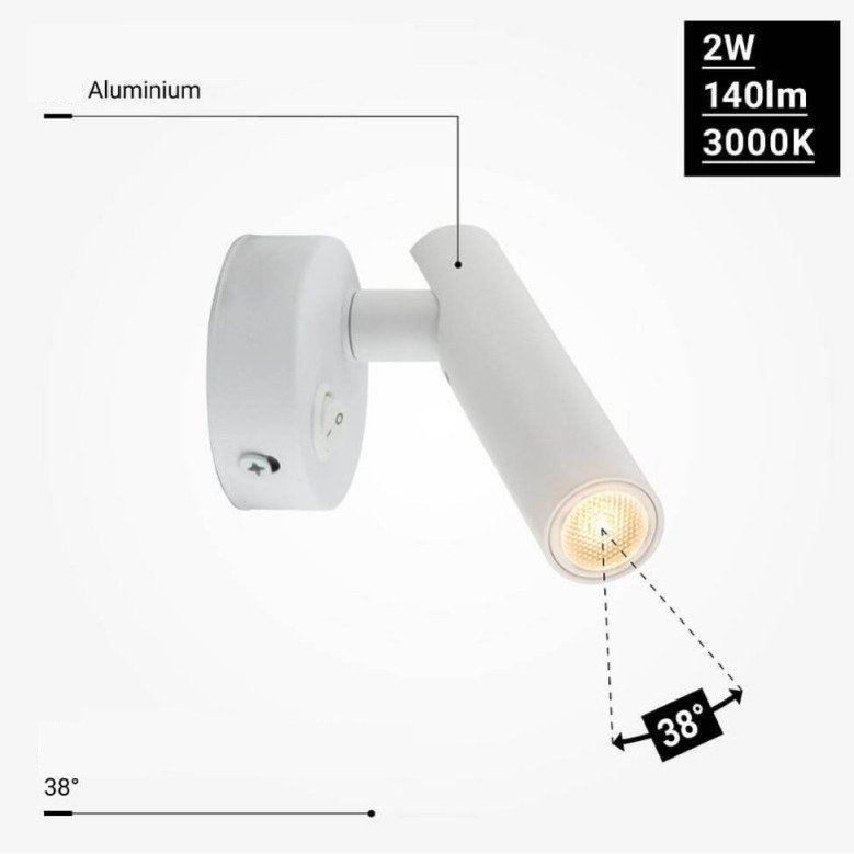 LED sieninis šviestuvas, 2W, ON/OFF jungiklis, baltas, neutrali balta šviesa