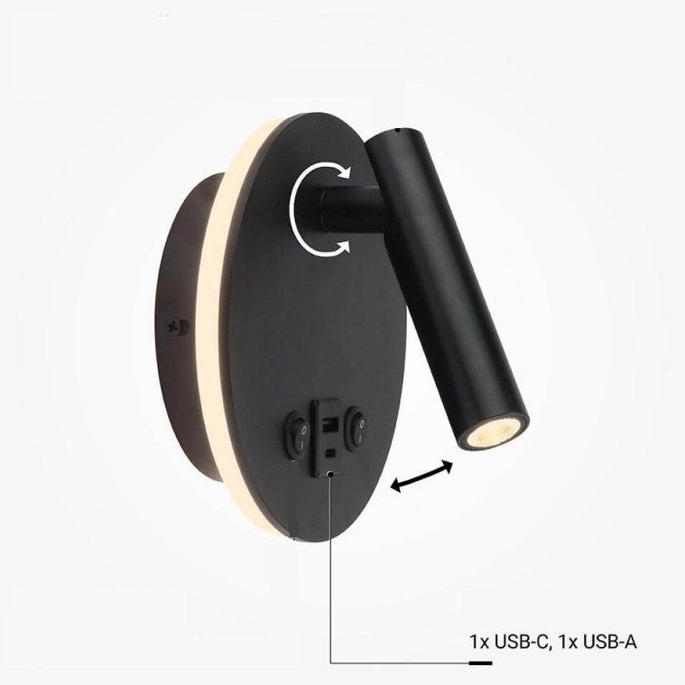 LED sieninis šviestuvas, 8W, ON/OFF jungiklis, USB, juodas, šilta balta šviesa LED sieninis šviestuvas, 8W, ON/OFF jungiklis, USB, juodas, šilta balta šviesa