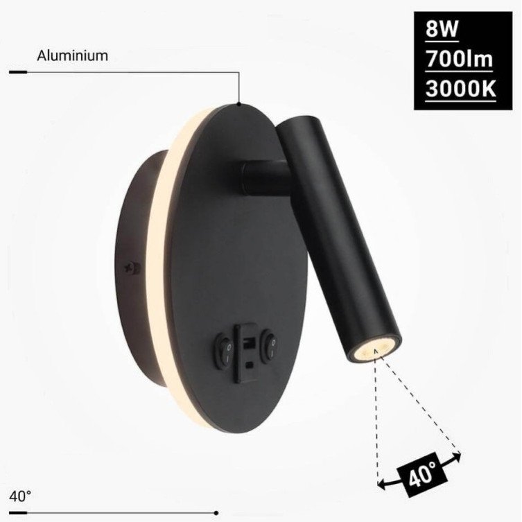 LED sieninis šviestuvas, 8W, ON/OFF jungiklis, USB, juodas, neutrali balta šviesa