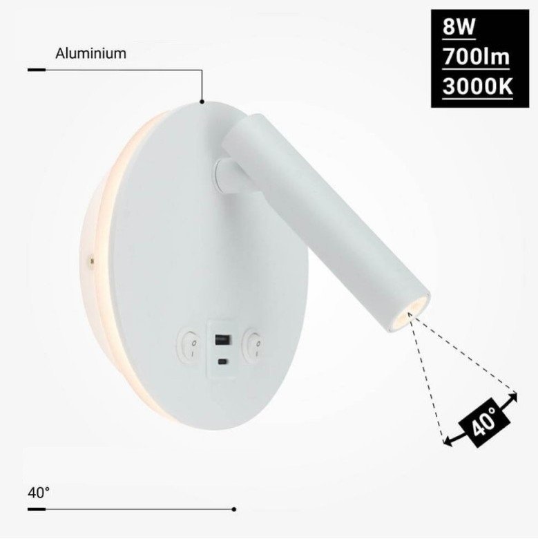 LED sieninis šviestuvas, 8W, ON/OFF jungiklis, USB, baltas, šilta balta šviesa LED sieninis šviestuvas, 8W, ON/OFF jungiklis, USB, baltas, šilta balta šviesa
