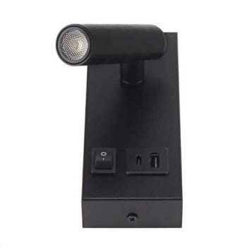 LED sieninis šviestuvas, 2W, ON/OFF jungiklis, USB, juodas, šilta balta šviesa