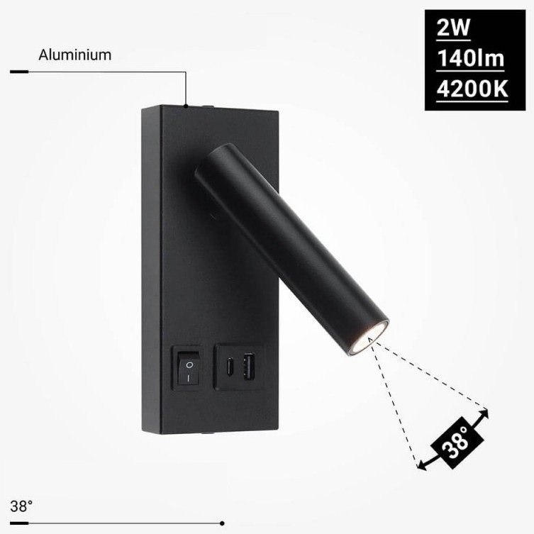 LED sieninis šviestuvas, 2W, ON/OFF jungiklis, USB, juodas, šilta balta šviesa
