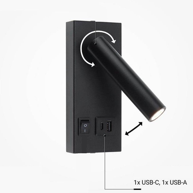 LED sieninis šviestuvas, 2W, ON/OFF jungiklis, USB, juodas, neutrali balta šviesa