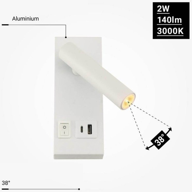 LED sieninis šviestuvas, 2W, ON/OFF jungiklis, USB, baltas, neutrali balta šviesa