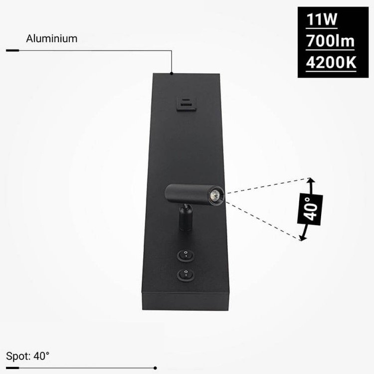 LED sieninis šviestuvas, 11W, ON/OFF jungiklis, USB, juodas, neutrali balta šviesa LED sieninis šviestuvas, 11W, ON/OFF jungiklis, USB, juodas, neutrali balta šviesa