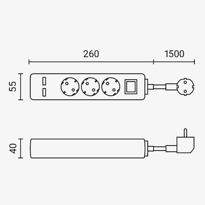 Ilgintuvas, 1.5m, 3 lizdai, su jungtuku, 2xUSB