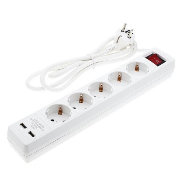 Ilgintuvas, 1.5m, 5 lizdai, su jungtuku, 2xUSB
