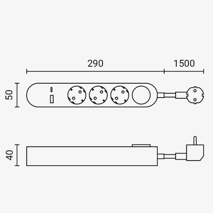 Ilgintuvas, 1.5m, 3 lizdai, su jungtuku, 2xUSB, ovalinis