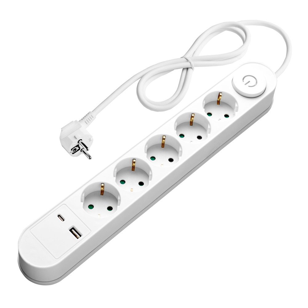 Ilgintuvas, 1.5m, 5 lizdai, su jungtuku, 2xUSB, ovalinis
