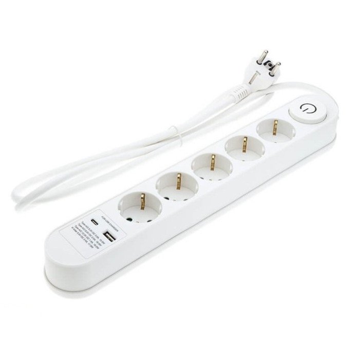 Ilgintuvas, 1.5m, 5 lizdai, su jungtuku, 2xUSB, ovalinis