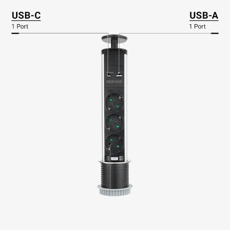 Baldinis šakotuvas, 3 lizdai, USB A, C, su 1.5m laidu