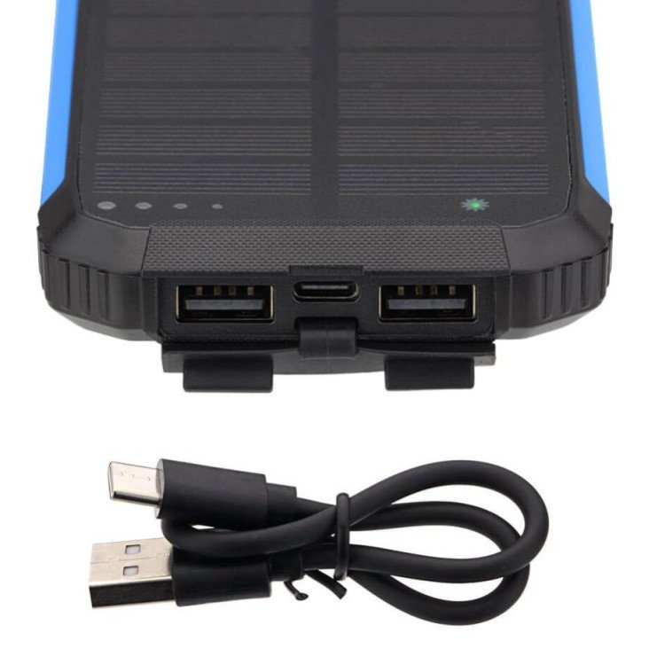 Power bank, 10Ah, 3.7V, saulės panelė 1.2W, LED 2W, juodas ir mėlynas Power bank, 10Ah, 3.7V, saulės panelė 1.2W, LED 2W, juodas ir mėlynas
