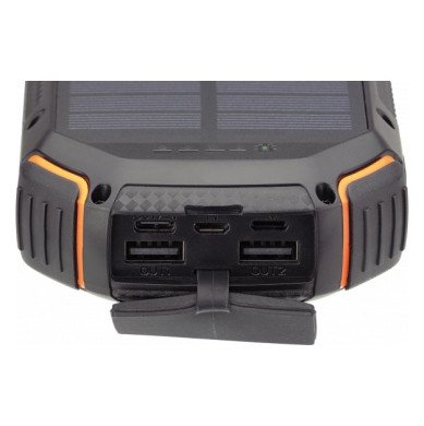 Power bank, 20Ah, 3.7V, saulės panelė 1.2W, LED 4W, juodas ir oranžinis