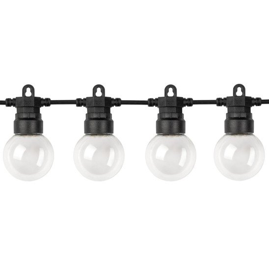 LED lauko saulės girlianda, 10m, 20 lizdų, G50, skaidrios lemputės, šilta balta šviesa