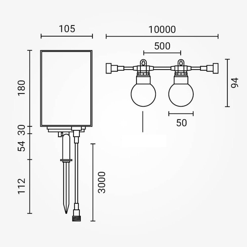 LED lauko saulės girlianda, 10m, 20 lizdų, G50, skaidrios lemputės, šilta balta šviesa