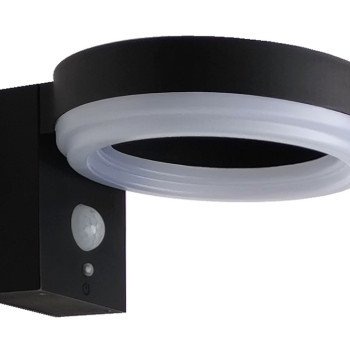 LED saulės sieninis šviestuvas, juodas, apvalus, PIR jutiklis, 6W, šalta balta šviesa