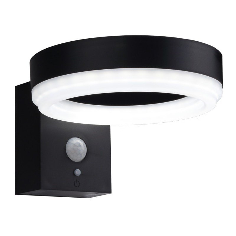 LED saulės sieninis šviestuvas, juodas, apvalus, PIR jutiklis, 6W, šalta balta šviesa